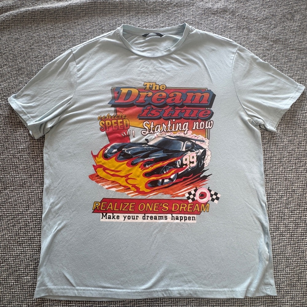 SHEIN Mens XL Light Blue Racing Graphic T-Shirt The Dream Is True Car Flame Tee